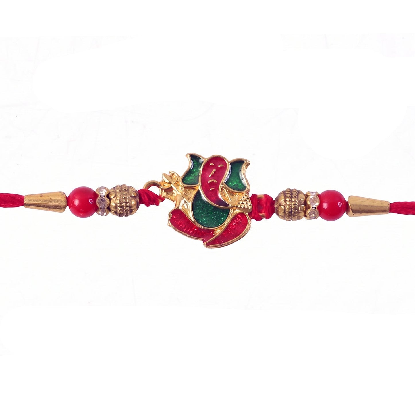 Close-up of Lord Ganesha meenakari rakhi with decorative beads and design