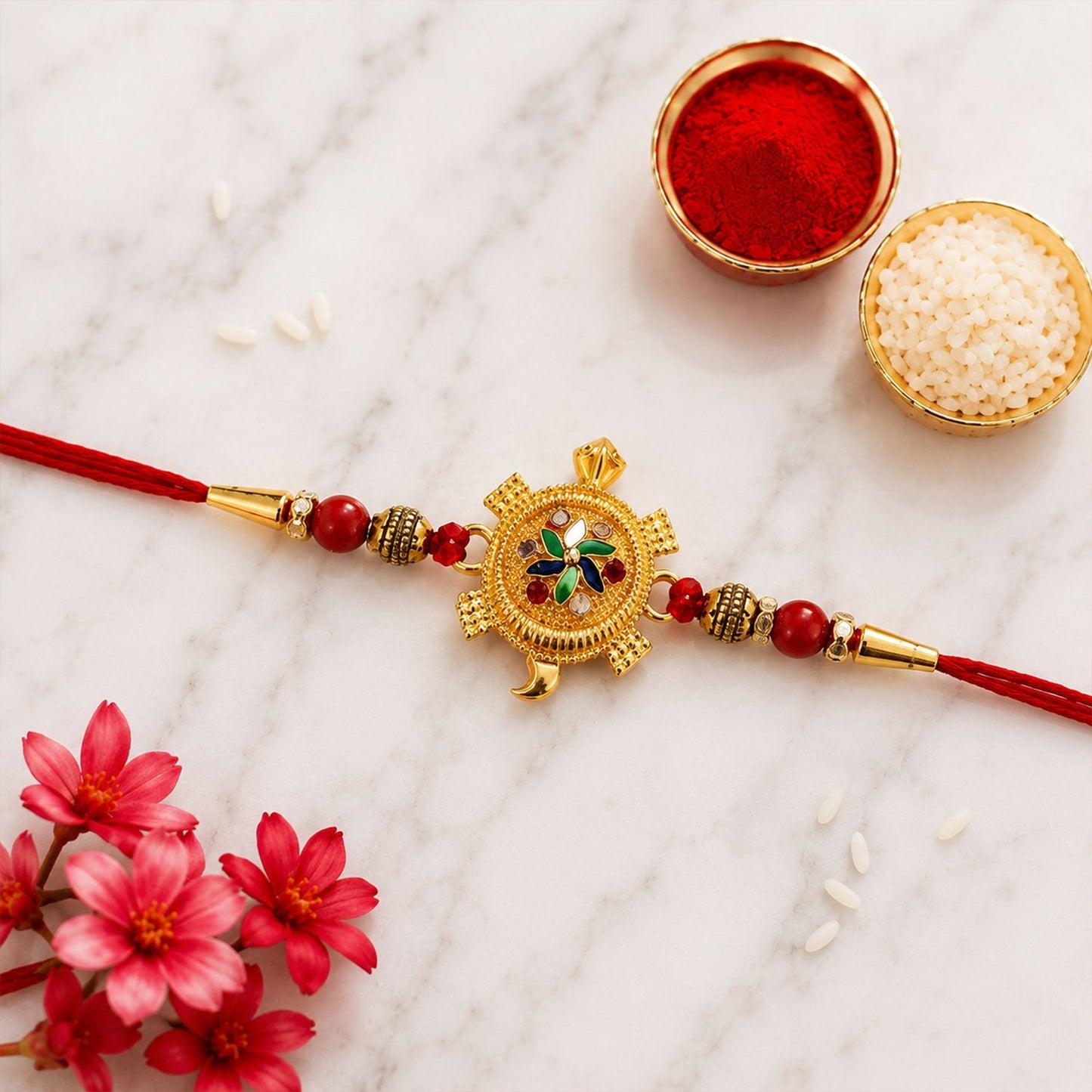 Beautiful golden tortoise motif on traditional rakhi with decorative beads