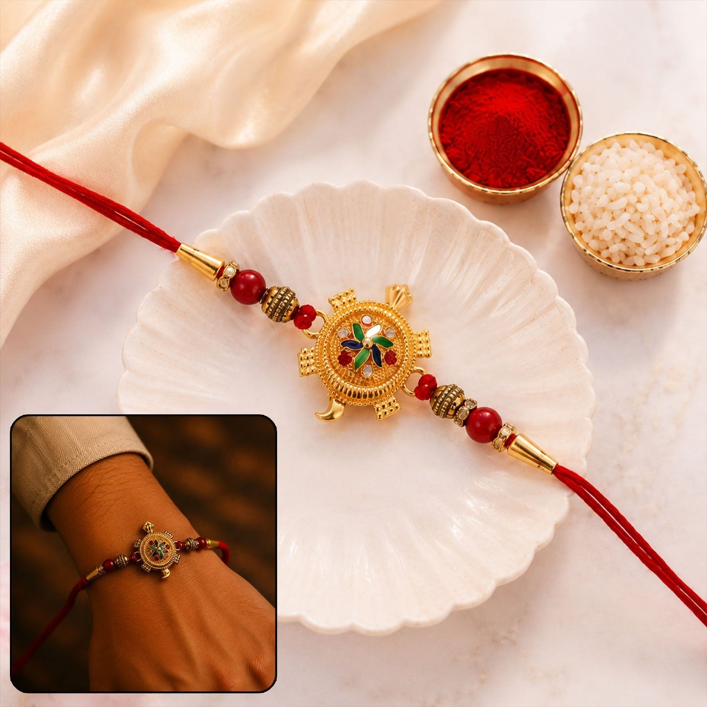Elegant handcrafted Golden Tortoise Rakhi featuring stylish centerpiece