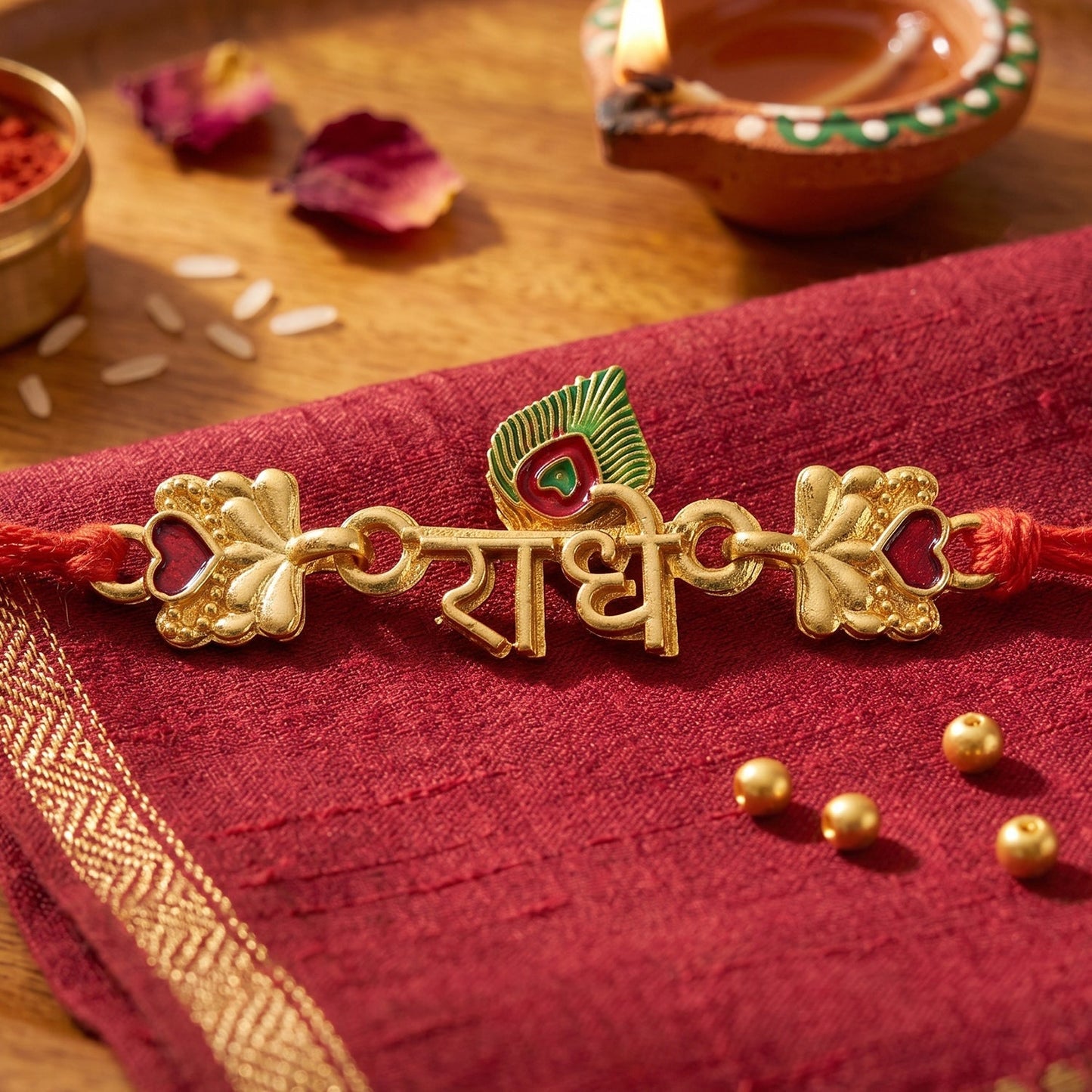 Golden Radhe Peacock Feather Rakhi with decorative beads and intricate design