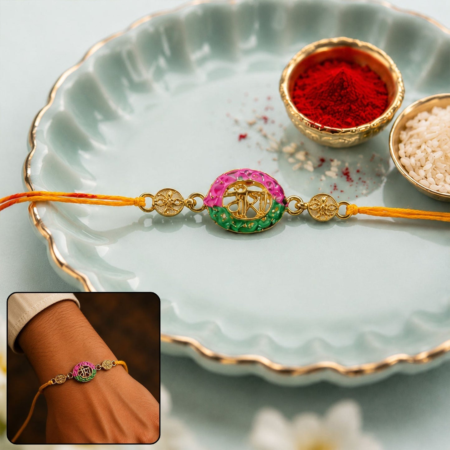 Pink and green meenakari rakhi with decorative beads and stylish thread for Raksha Bandhan