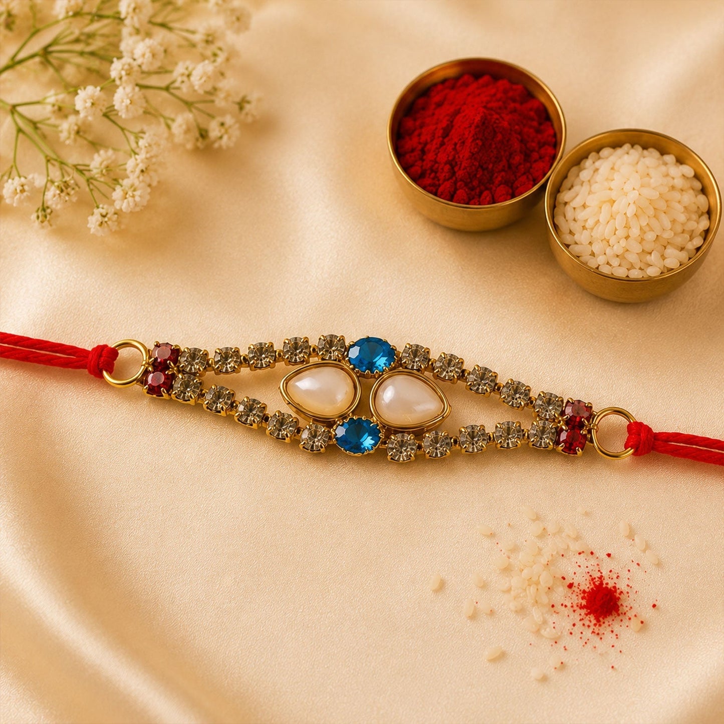Side view of American Diamond & Pearl Rakhi with decorative beads