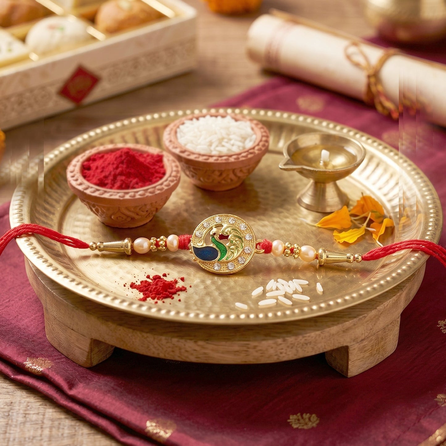 Finely crafted Rakhi with CZ stones and decorative accents