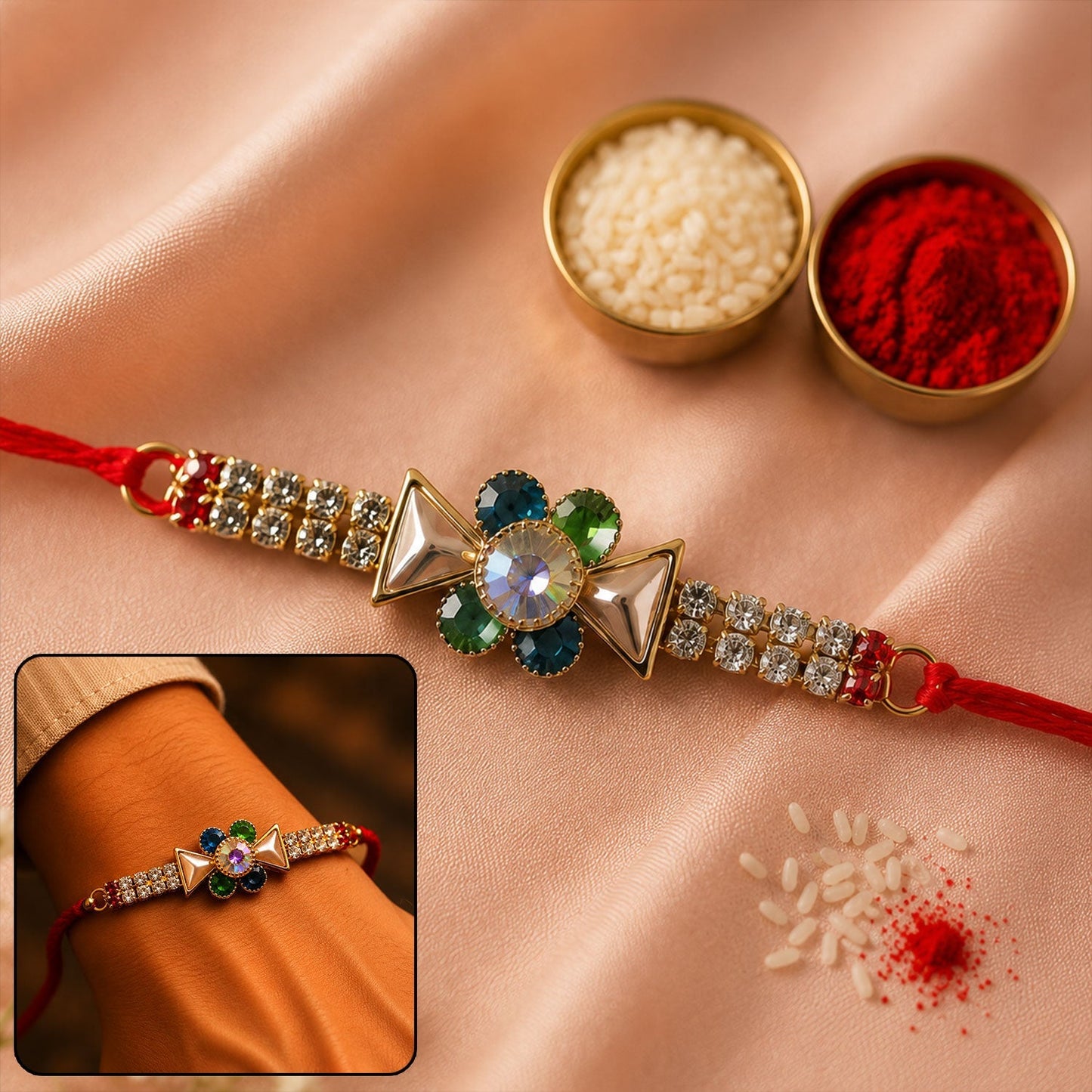 Multicolour American Diamond Rakhi with beads and eye-catching centerpiece