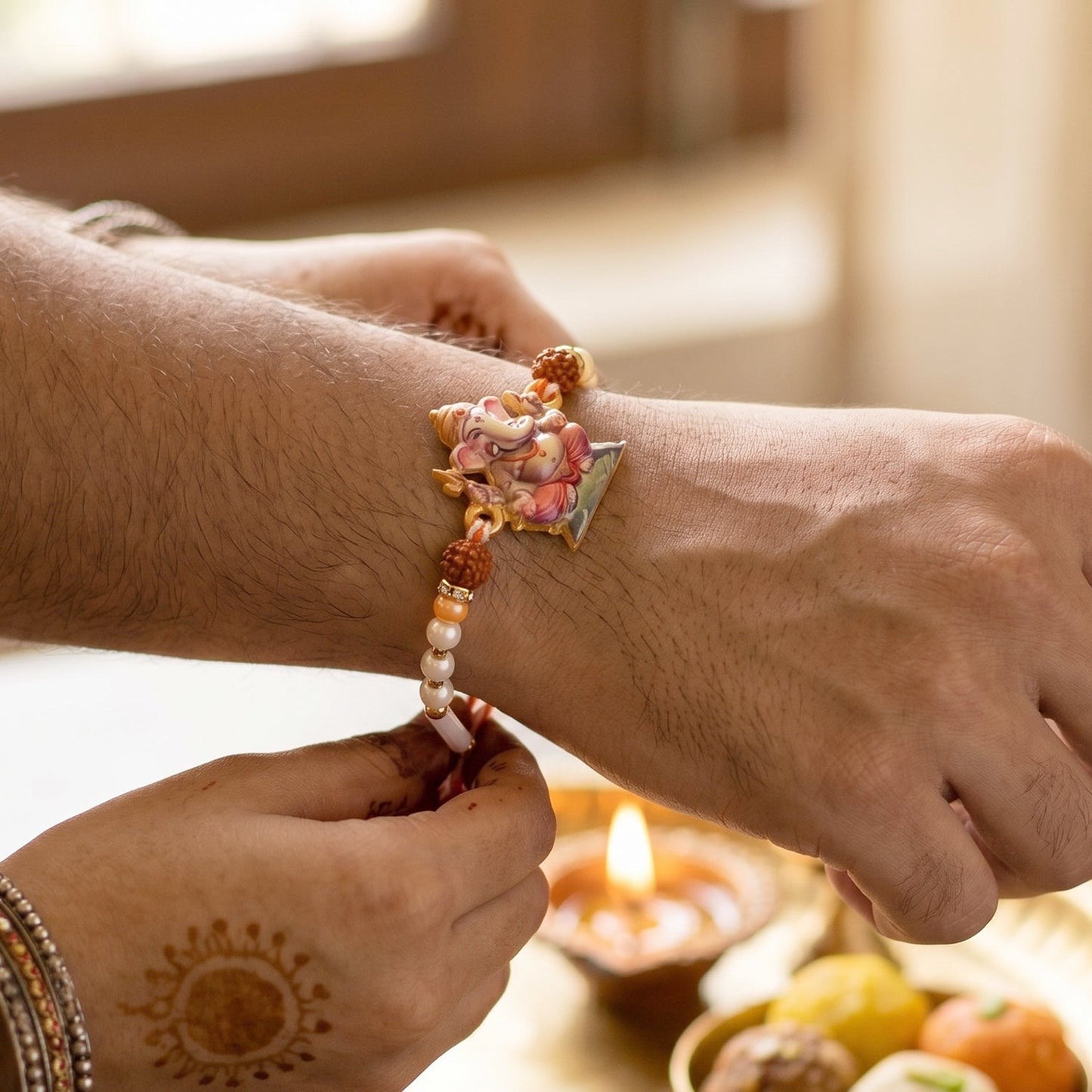 Colorful Lord Ganesha Rudraksha Beads Rakhi for siblings during Raksha Bandhan