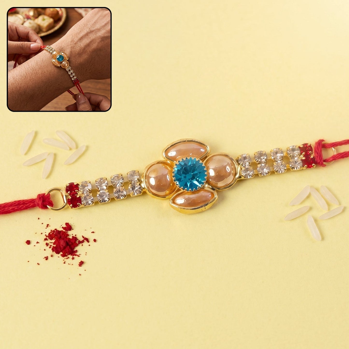 Beautiful traditional rakhi with decorative beads and eye-catching centerpiece