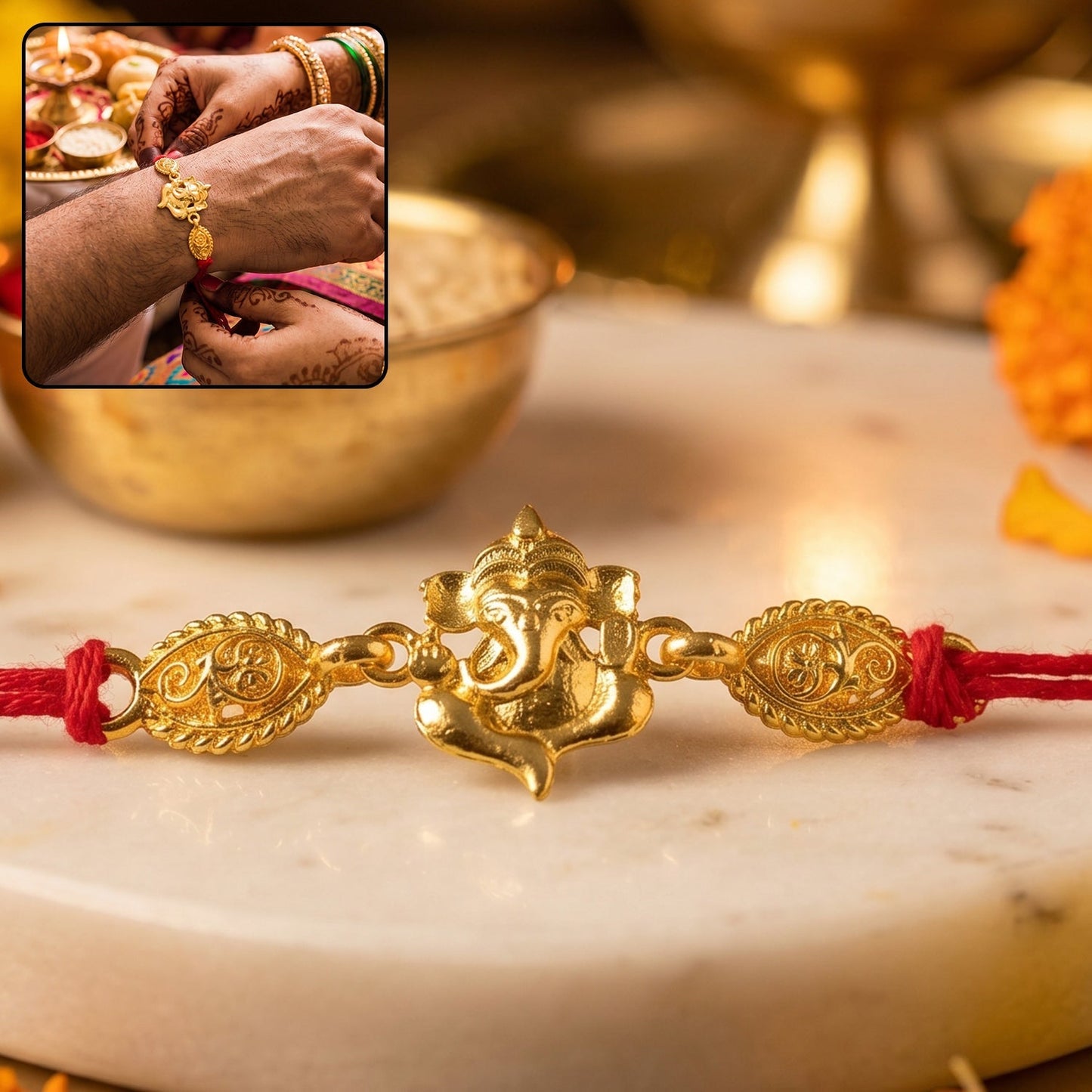 Beautiful Twin Lord Ganesha Rakhi with decorative beads and attractive center design