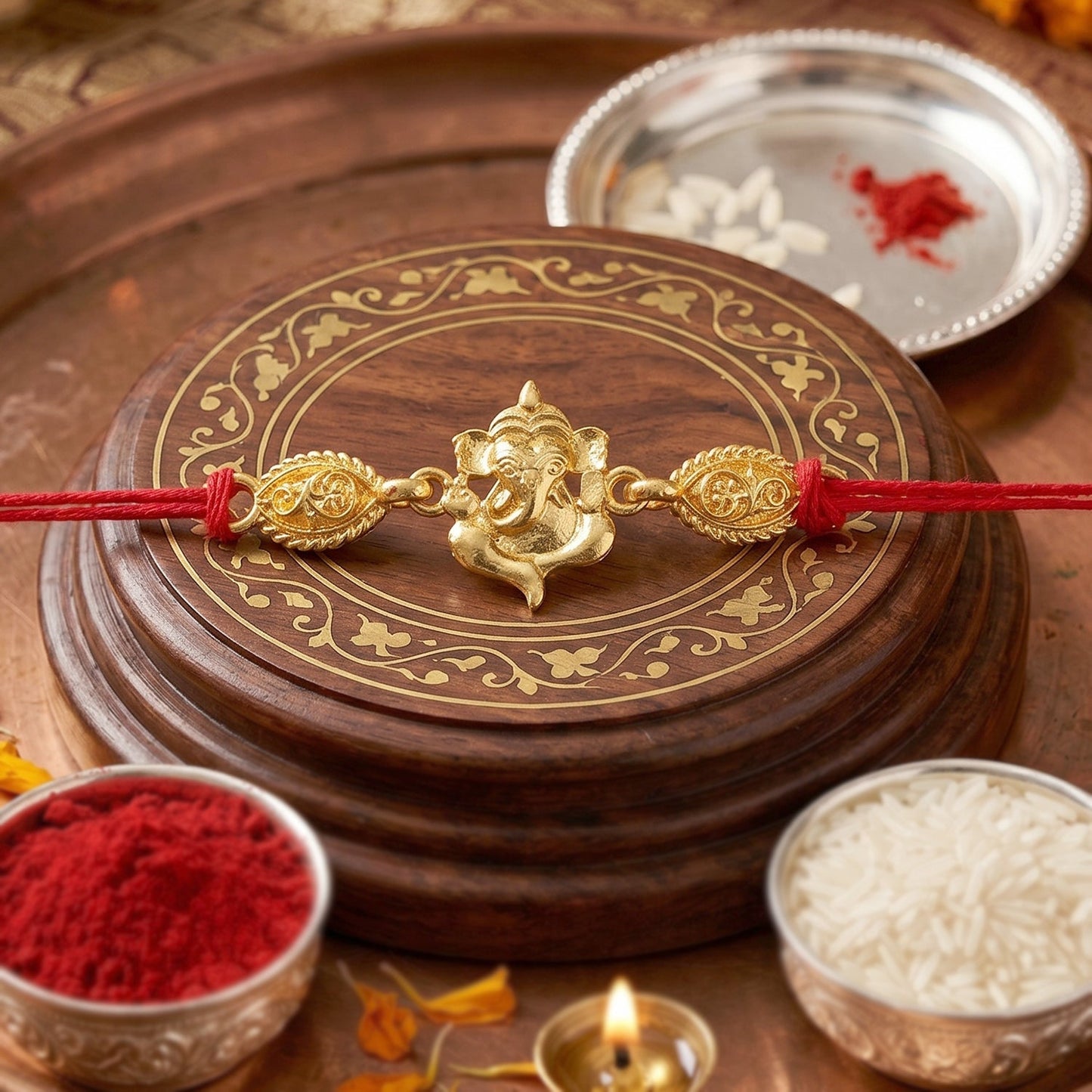 Festive Twin Lord Ganesha Rakhi displayed on a traditional setting