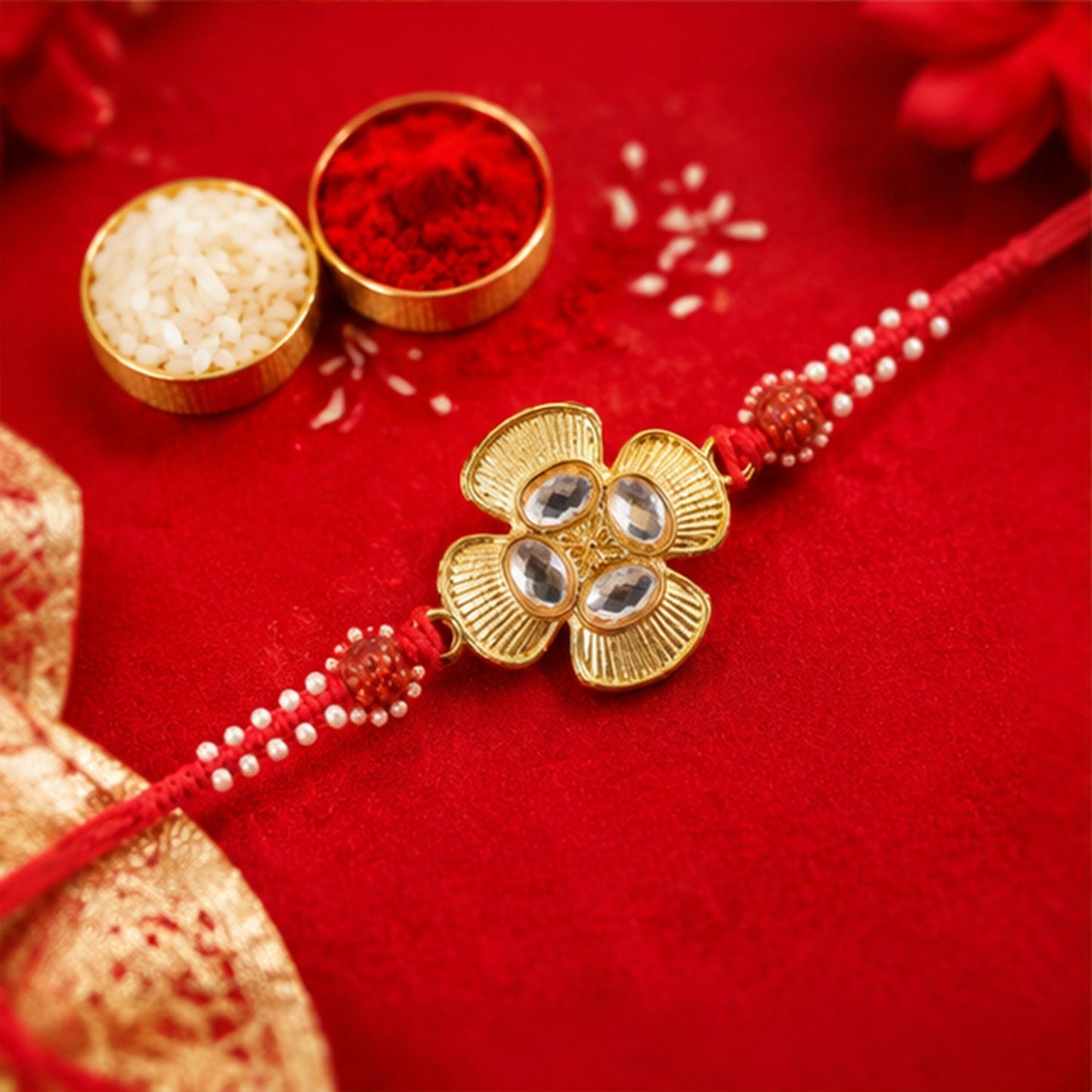 Traditional Rakhi with Kundan flower & Rudraksha bead, angled view