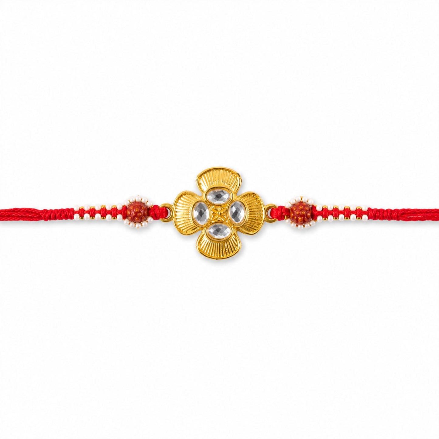 Overall design of Golden Kundan Flower Rakhi with Rudraksha
