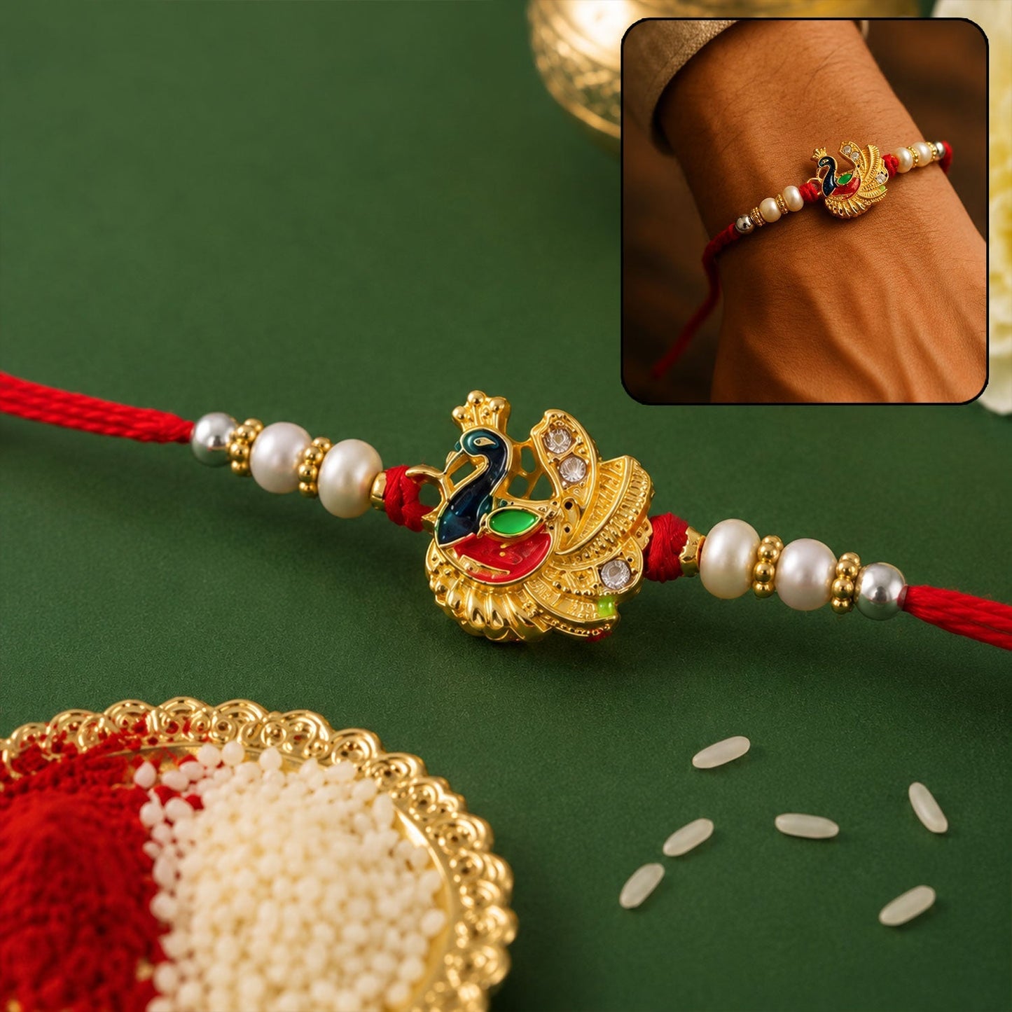 Elegant meenakari peacock pearls rakhi with decorative beads and traditional design.