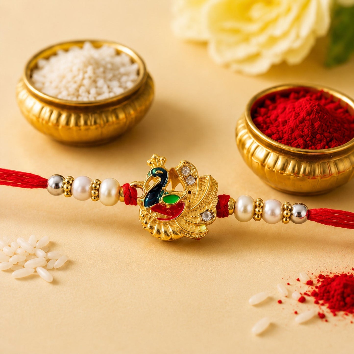 Beautifully crafted peacock pearls rakhi displayed on a festive setting.