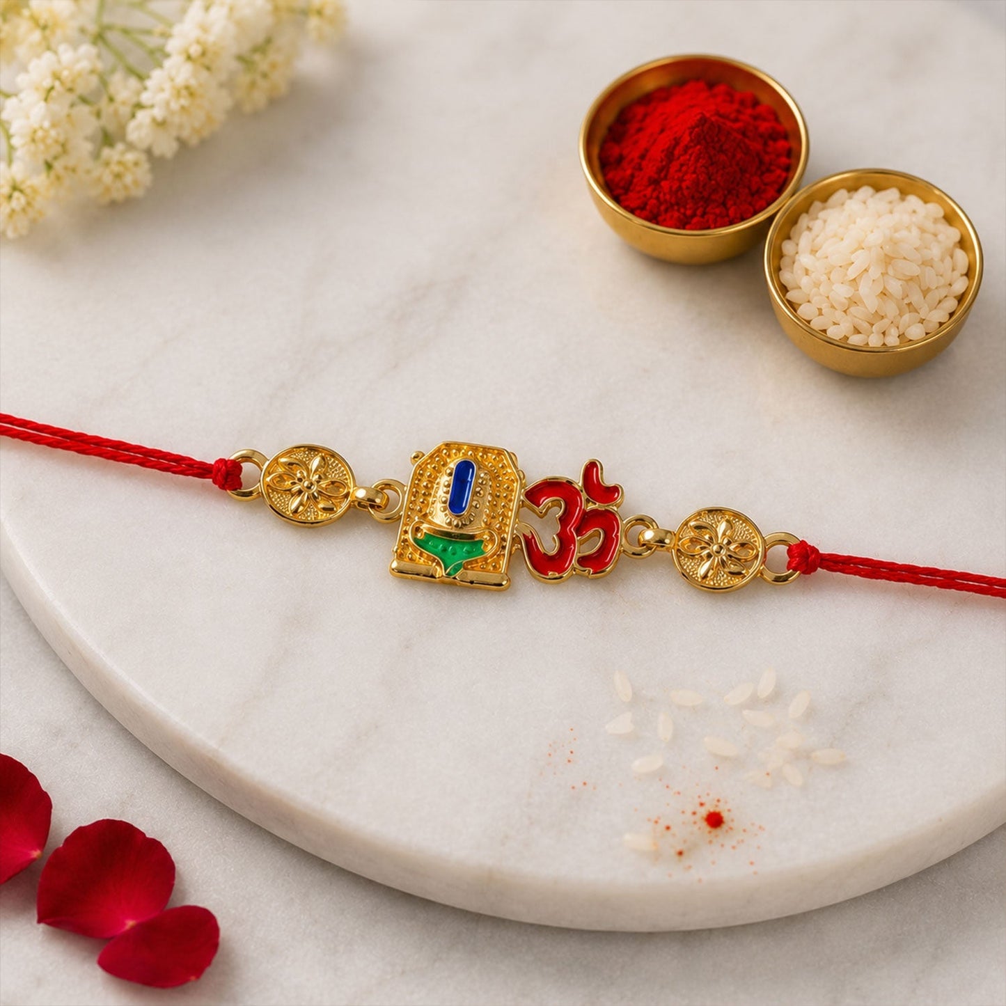 Beautiful homemade style Rakhi with decorative beads and leaf pattern.