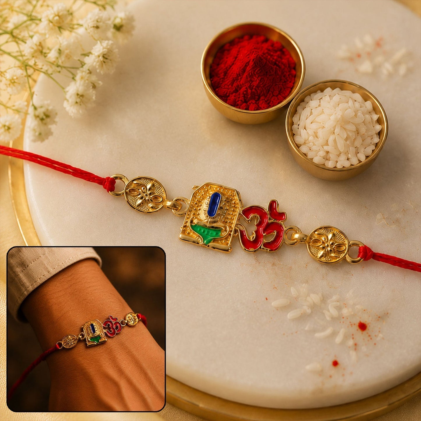 Close-up of the Blue Stone Leaf design on the traditional Rakhi.