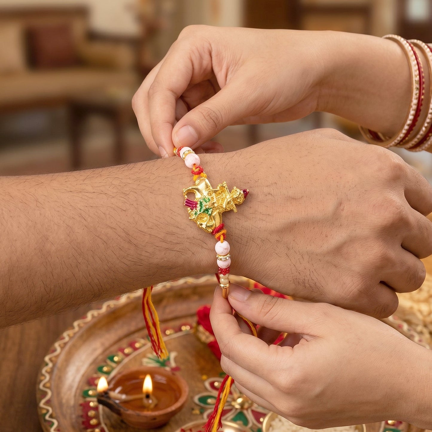 Close-up of Bal Gopal Krishna cow flute rakhi showing intricate detailing