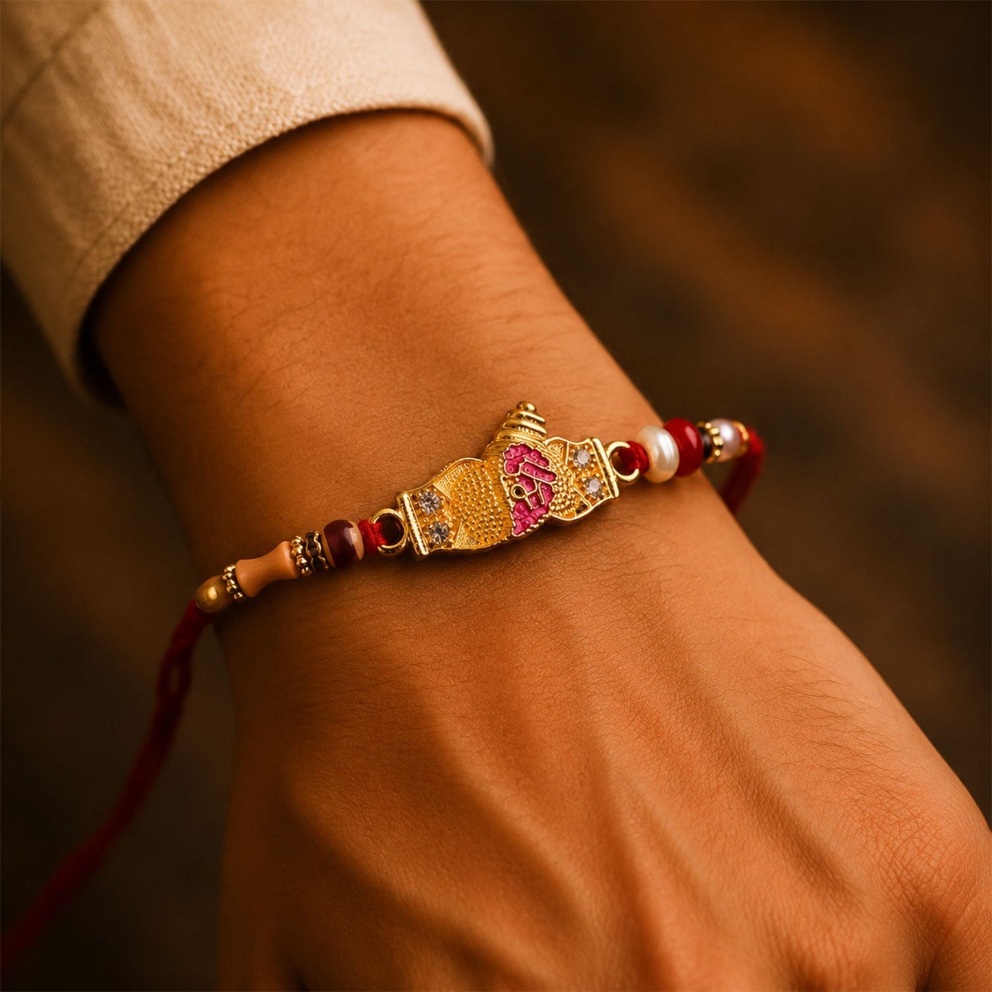 Beautiful traditional Rakhi with CZ stones and decorative beads for Raksha Bandhan