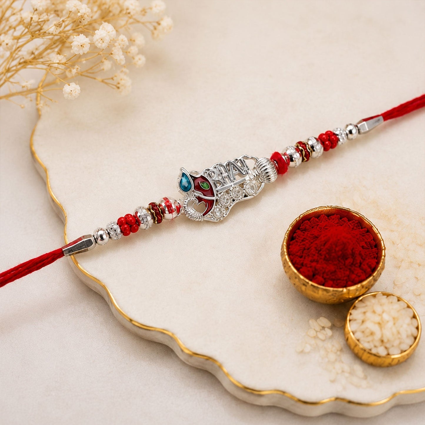 Luxurious oxidised silver rakhi on a white background