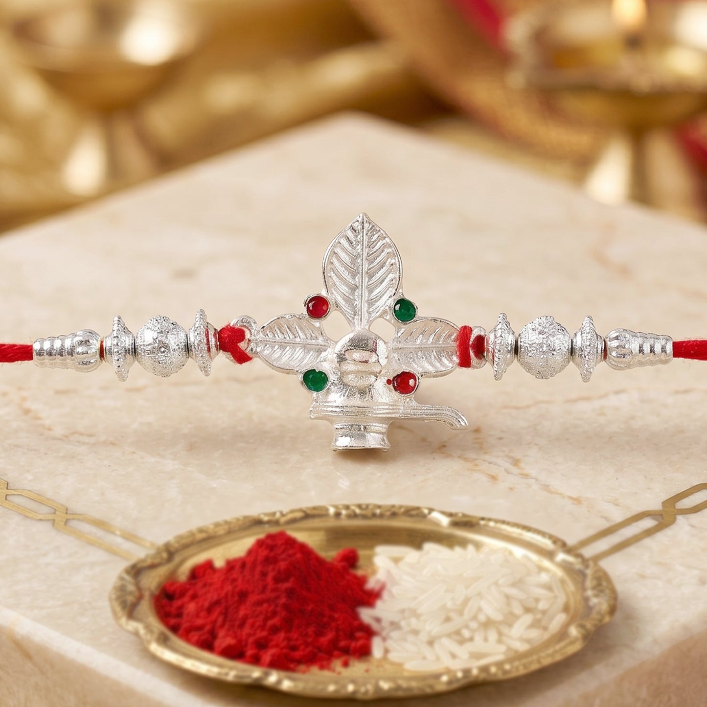 Festive Silver Shiv Bilva Leaf Rakhi on white background