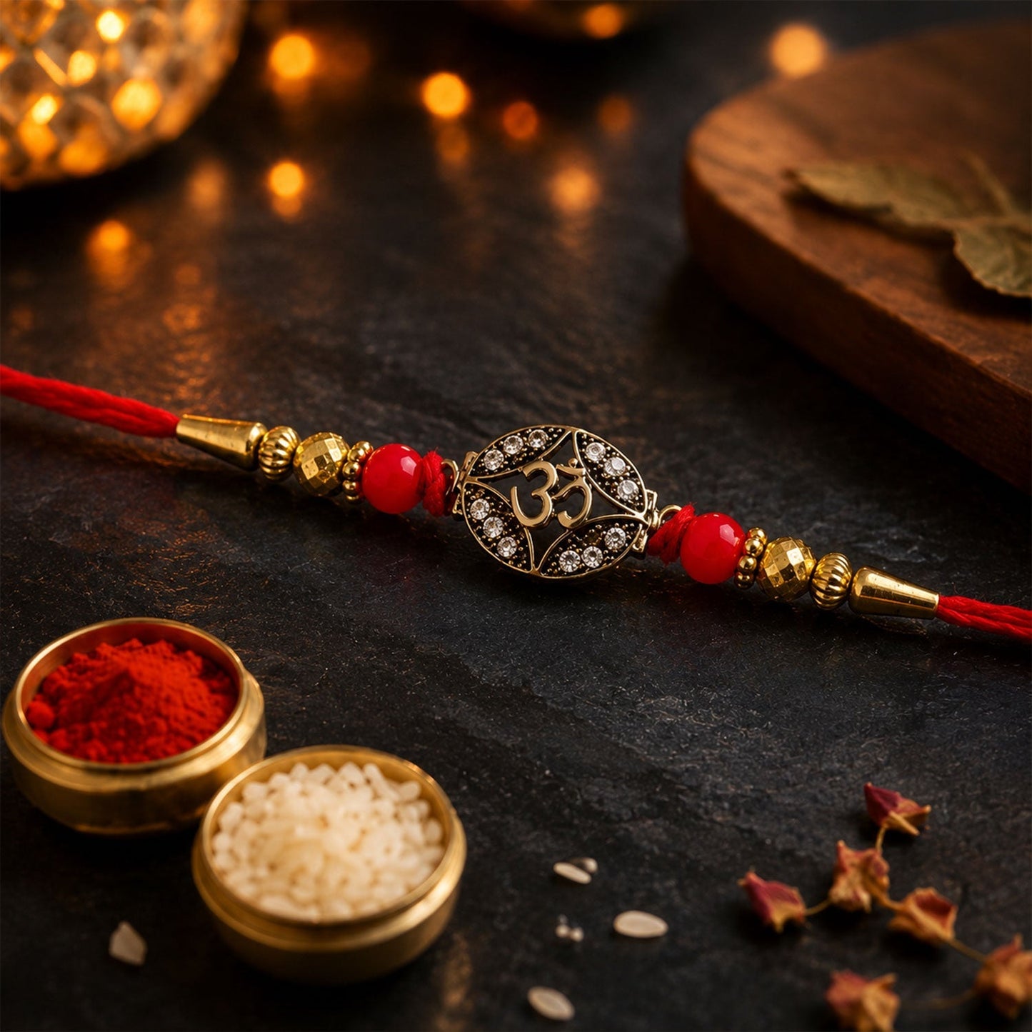 Decorative beaded Om rakhi featuring a contemporary traditional design