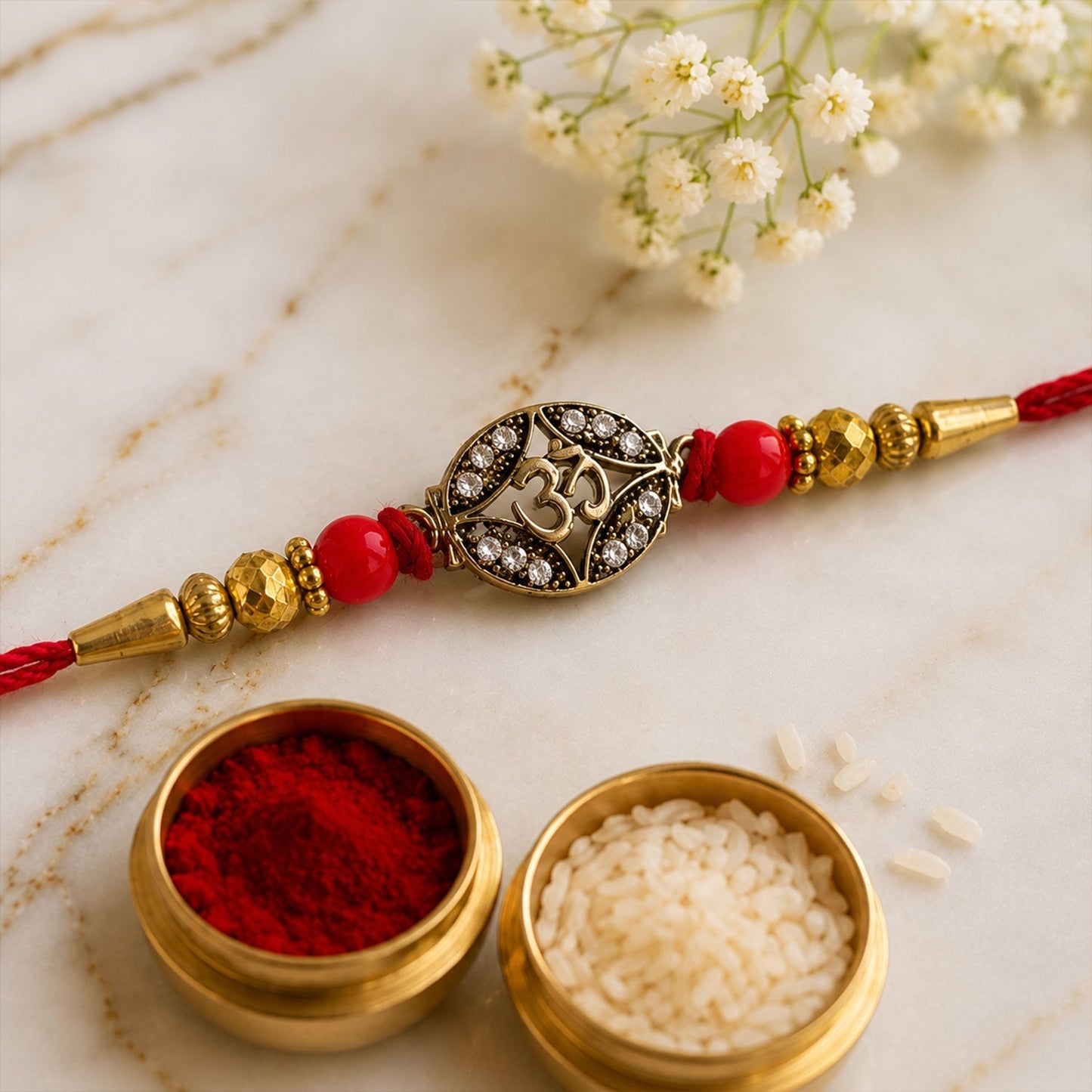 Beautiful lightweight rakhi with intricate detailing in golden antique style