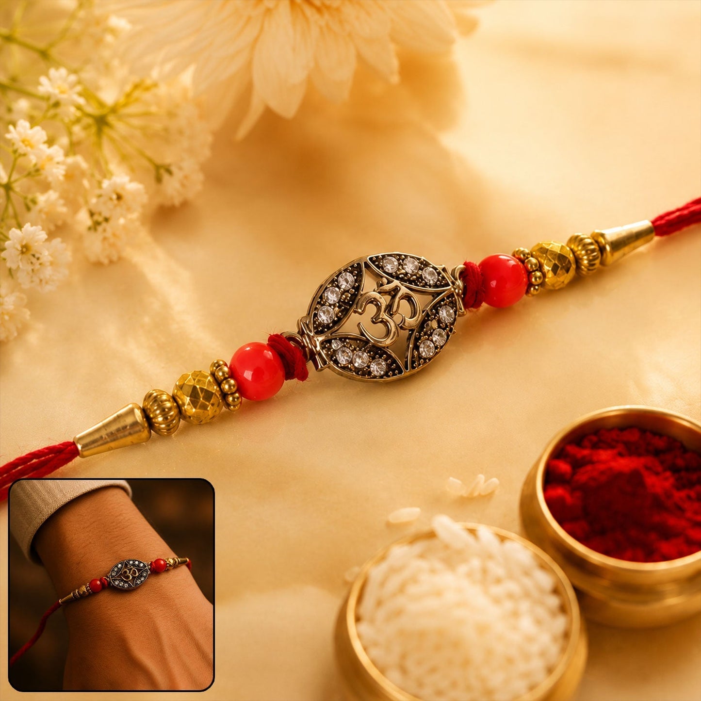 Elegant antique golden Om oval rakhi with decorative beads for Raksha Bandhan