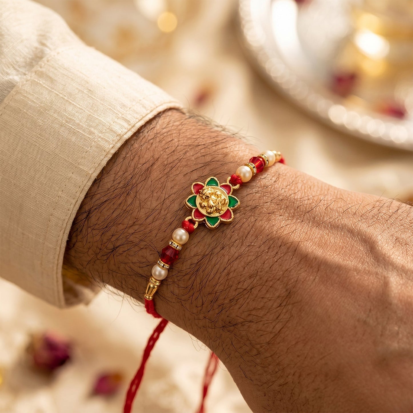 Designer rakhi featuring intricate meenakari work, pearls, and red beads