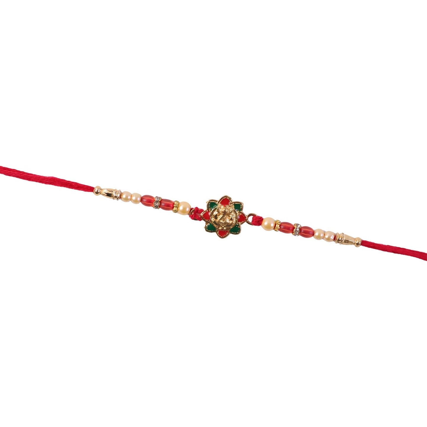 Elegant traditional rakhi design with gold and red beads for brother