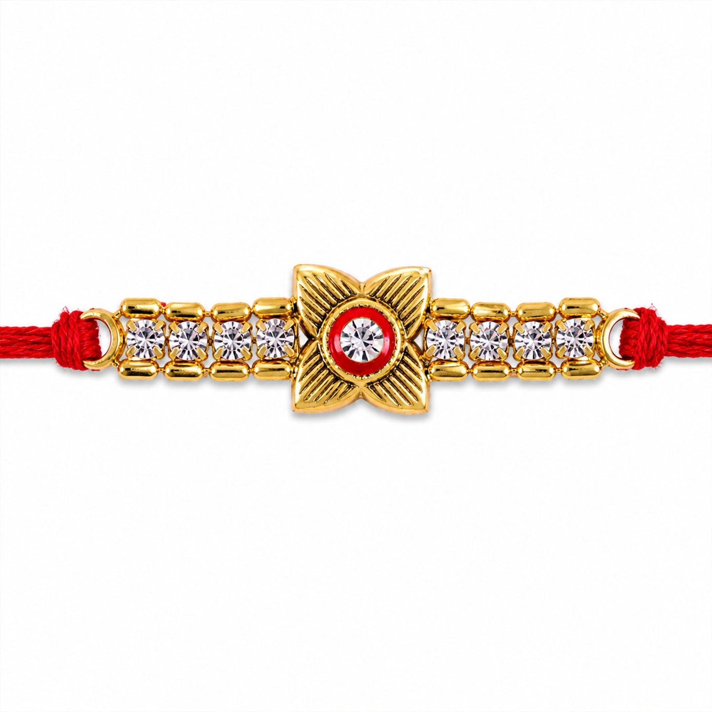 Close-up of the intricate kundan & American diamond design on rakhi