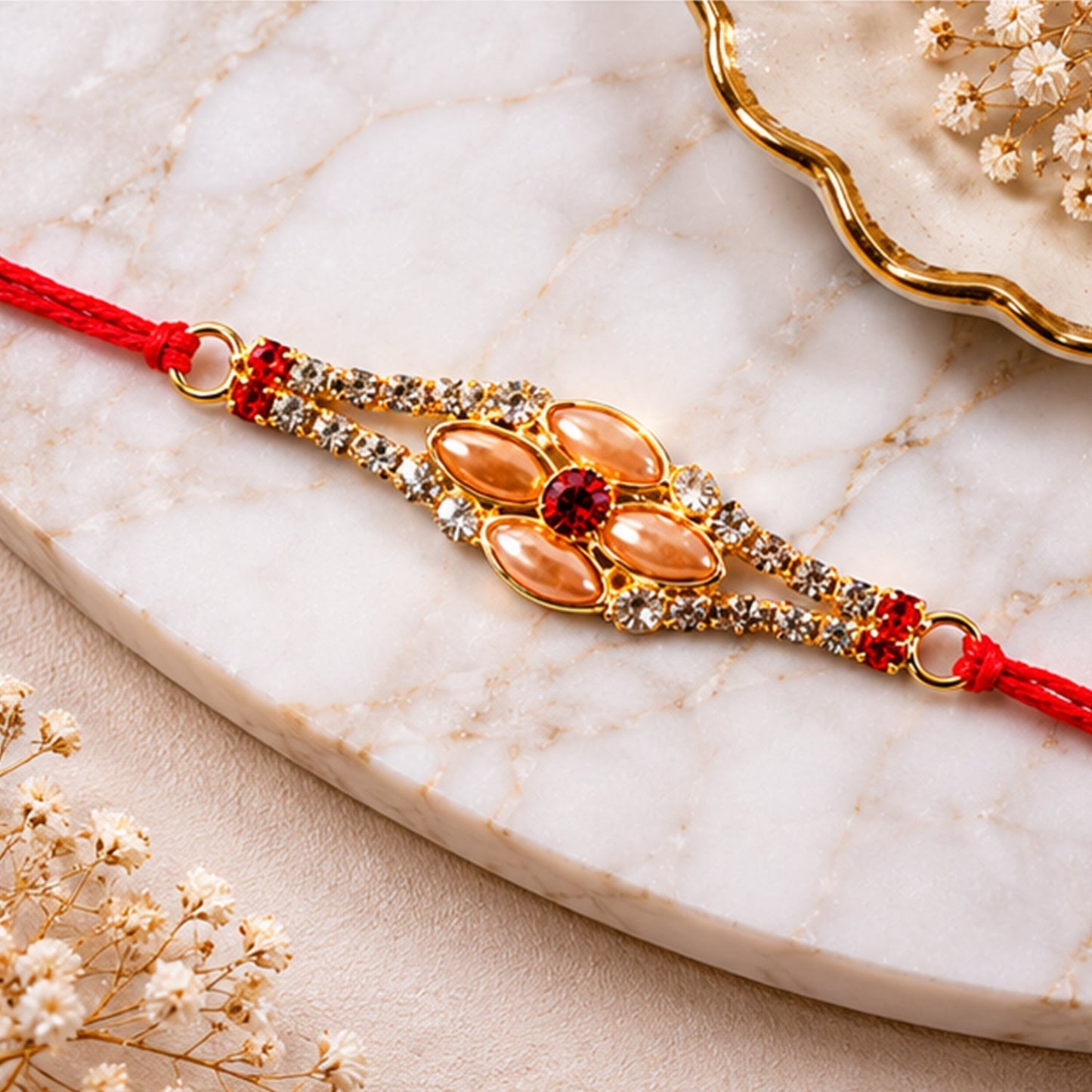 Elegant Stone Floral Rakhi with AD stones and pink pearls.