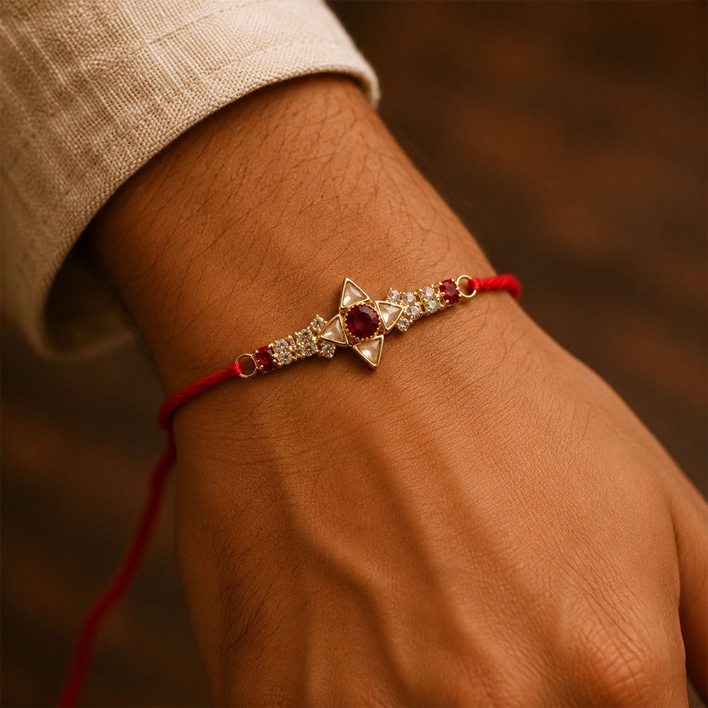 Beautiful sparkling rakhi with a gold star motif and colorful stones
