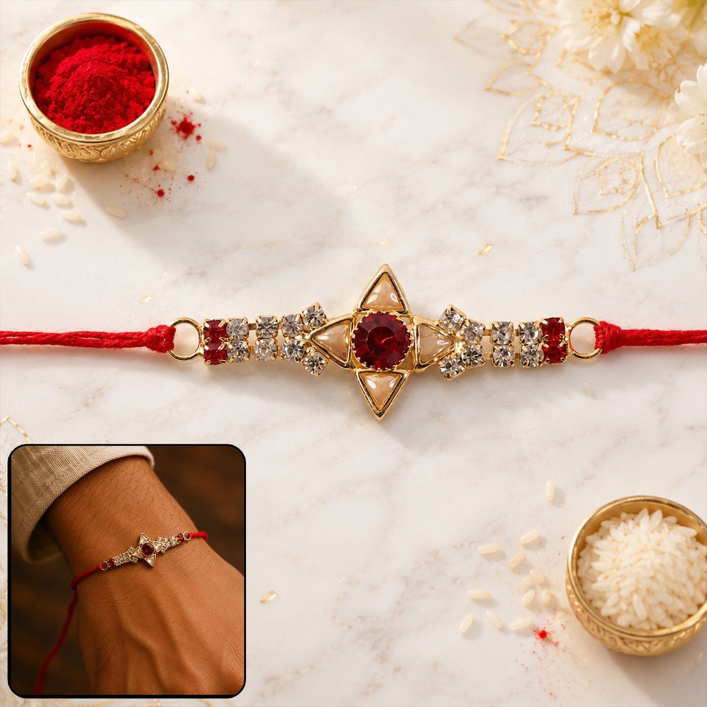 Sparkling gold star rakhi with white and red stones, perfect for Raksha Bandhan celebration