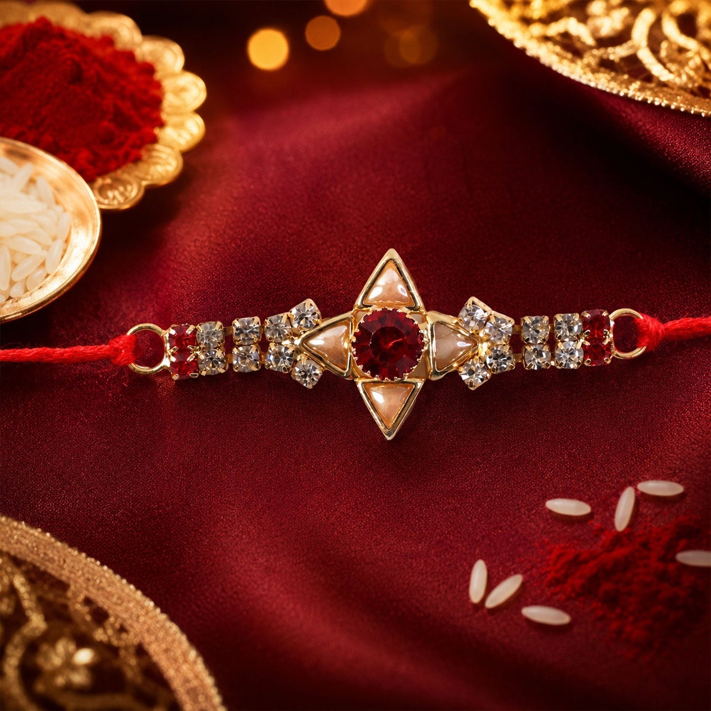 Elegant designer rakhi with white and red stones, ideal for brothers of all ages