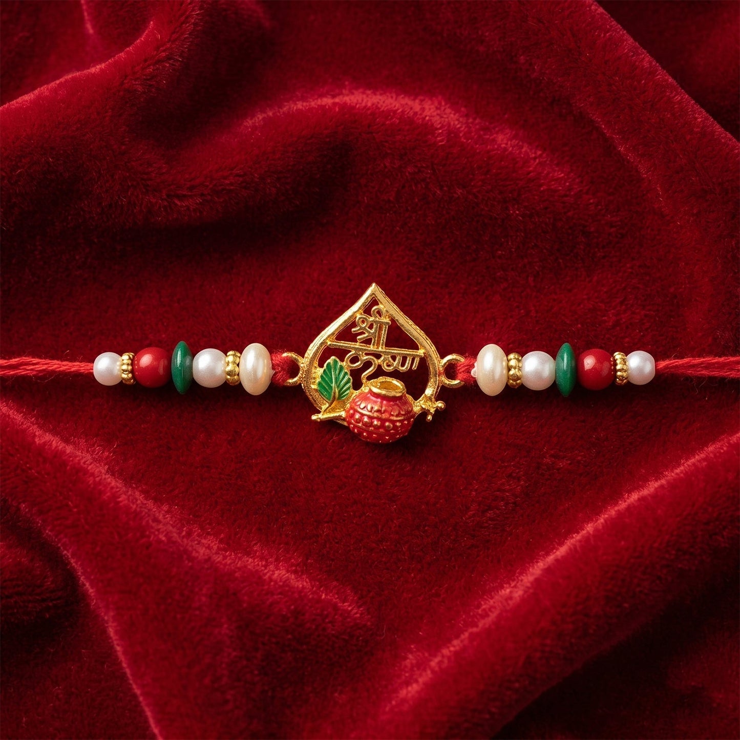 Festive Rakhi featuring meenakari design, pearls, and beads for Raksha Bandhan