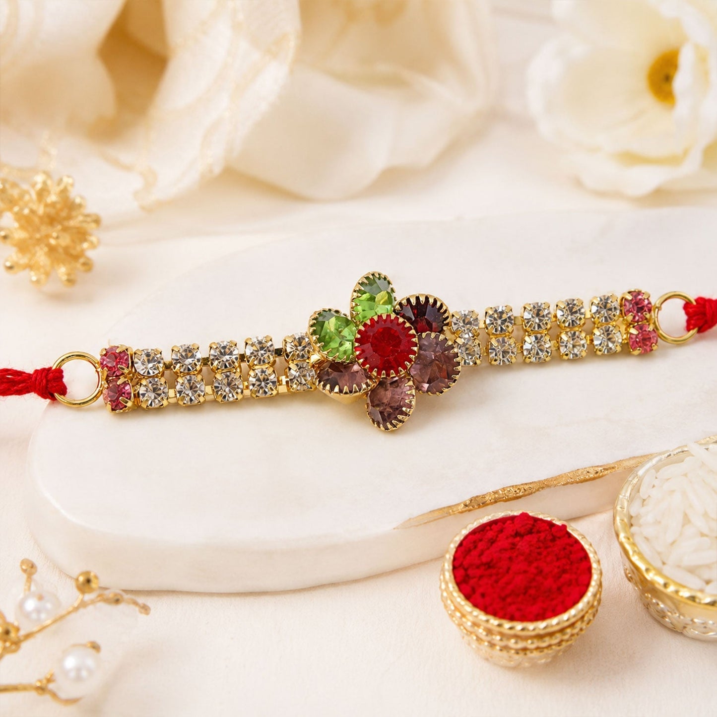 Close-up of a stylish floral design Rakhi, ideal for brothers on Raksha Bandhan.