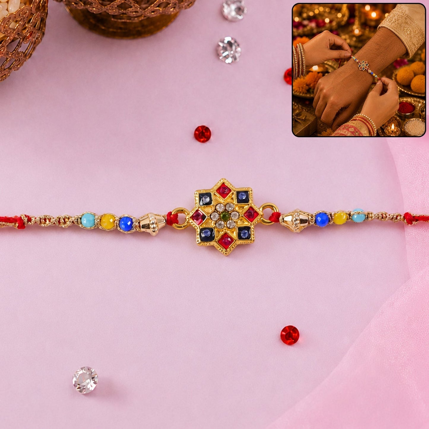 Vibrant colorful multi bead Rakhi with stones and square motif for Raksha Bandhan