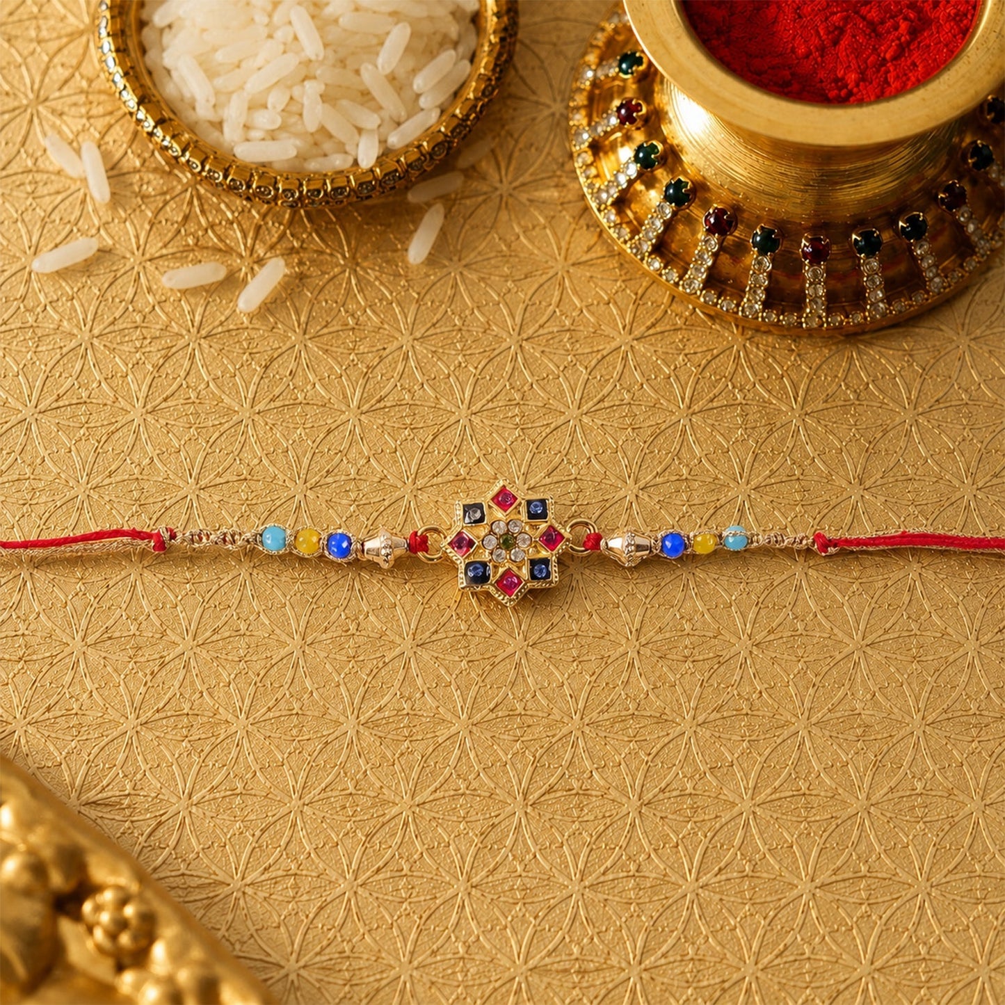 Designer colorful bead Rakhi with traditional square motif, festive sibling gift