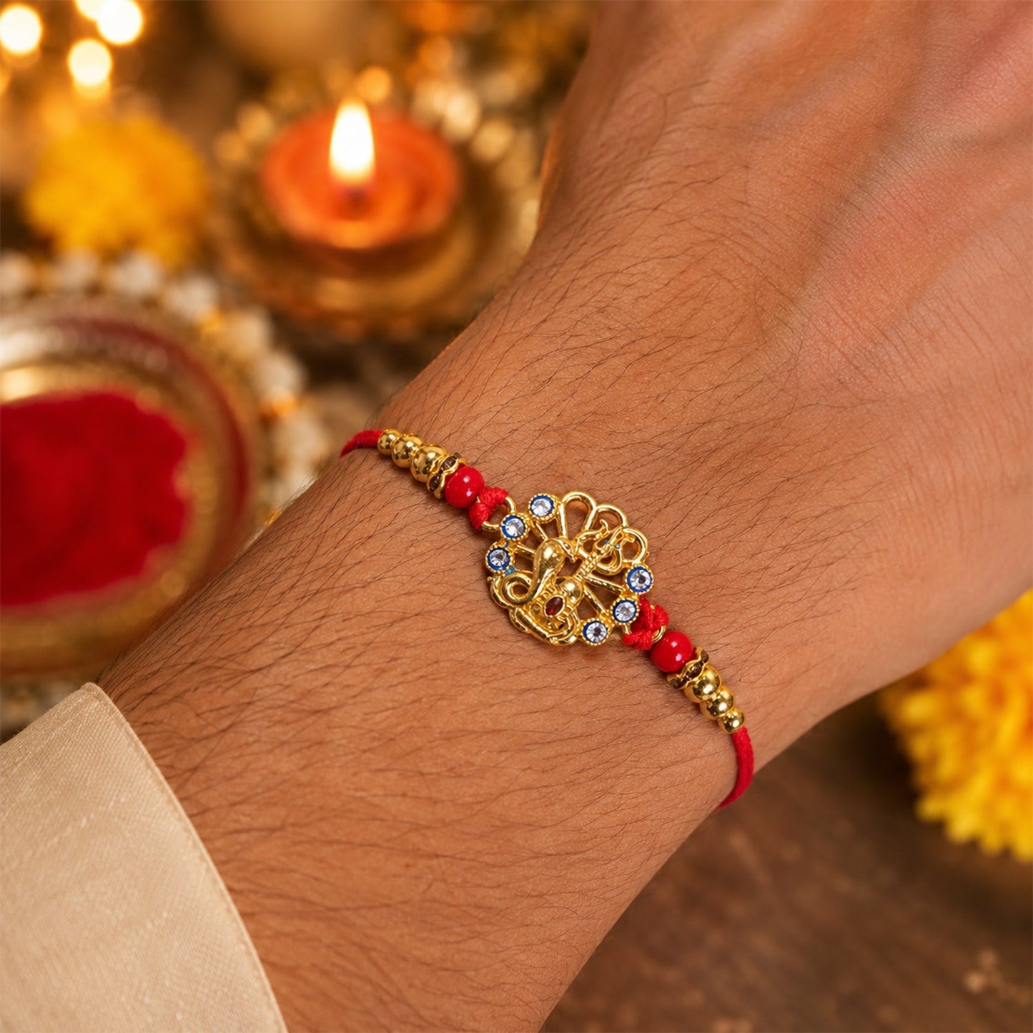 Close-up of designer Rakhi with blue and red stones for brother