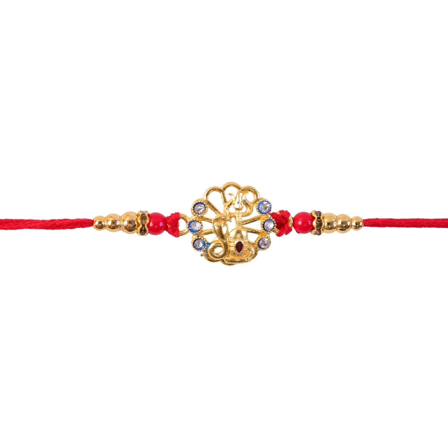 Festive Rakhi featuring blue and red stones, ideal for Raksha Bandhan