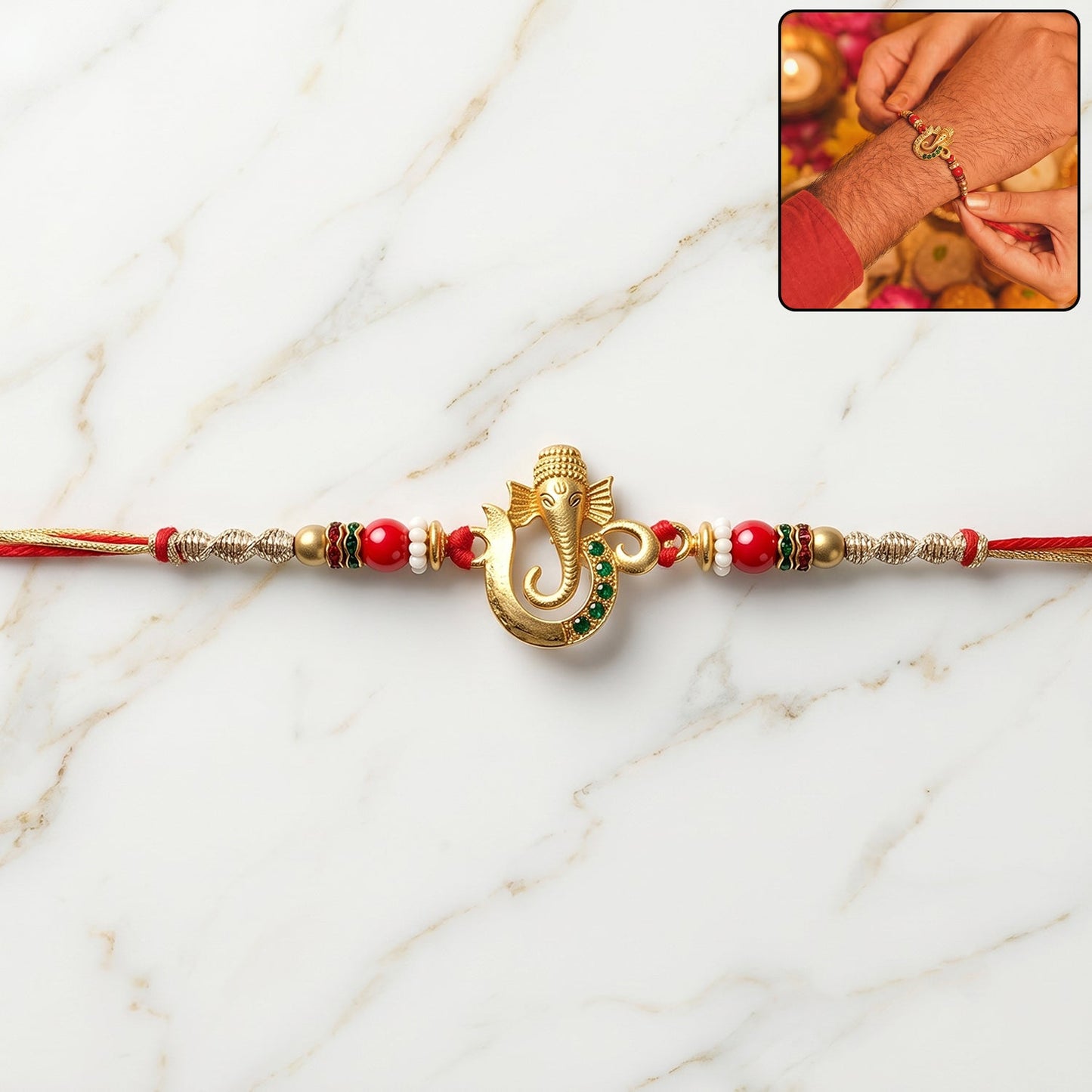 Golden Ganesha Rakhi with beads, perfect for Raksha Bandhan celebrations