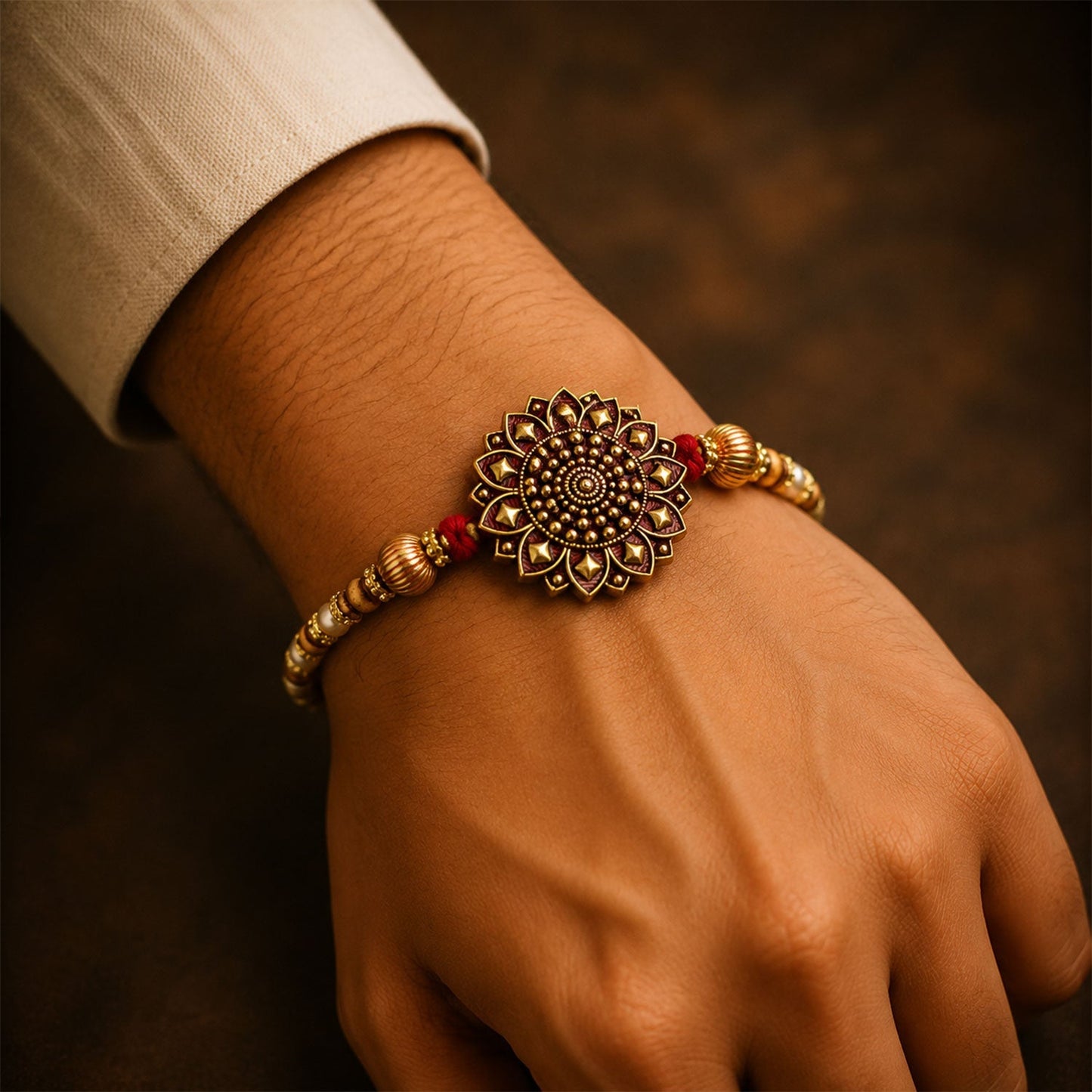 Designer antique gold Rakhi with beads displayed against light background