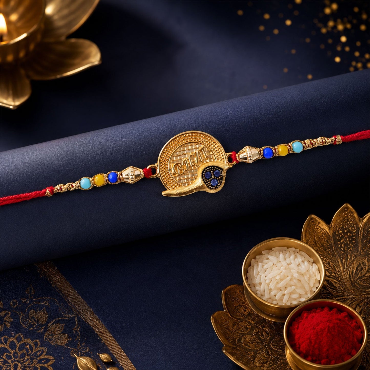 Close-up of a designer Rakhi for Brother, highlighting the golden 'Bhai' text and vibrant beads.