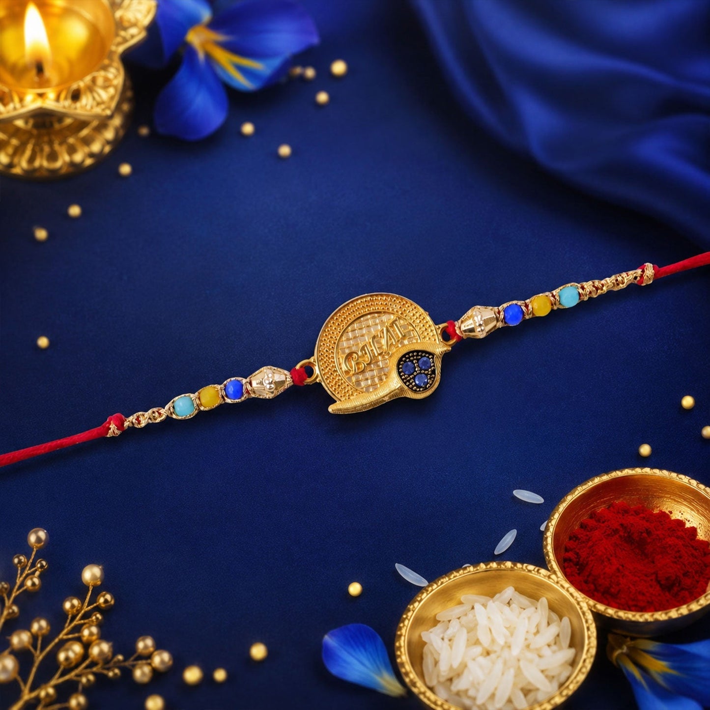 Angled shot of the multicolour beads Rakhi, emphasizing its festive look.
