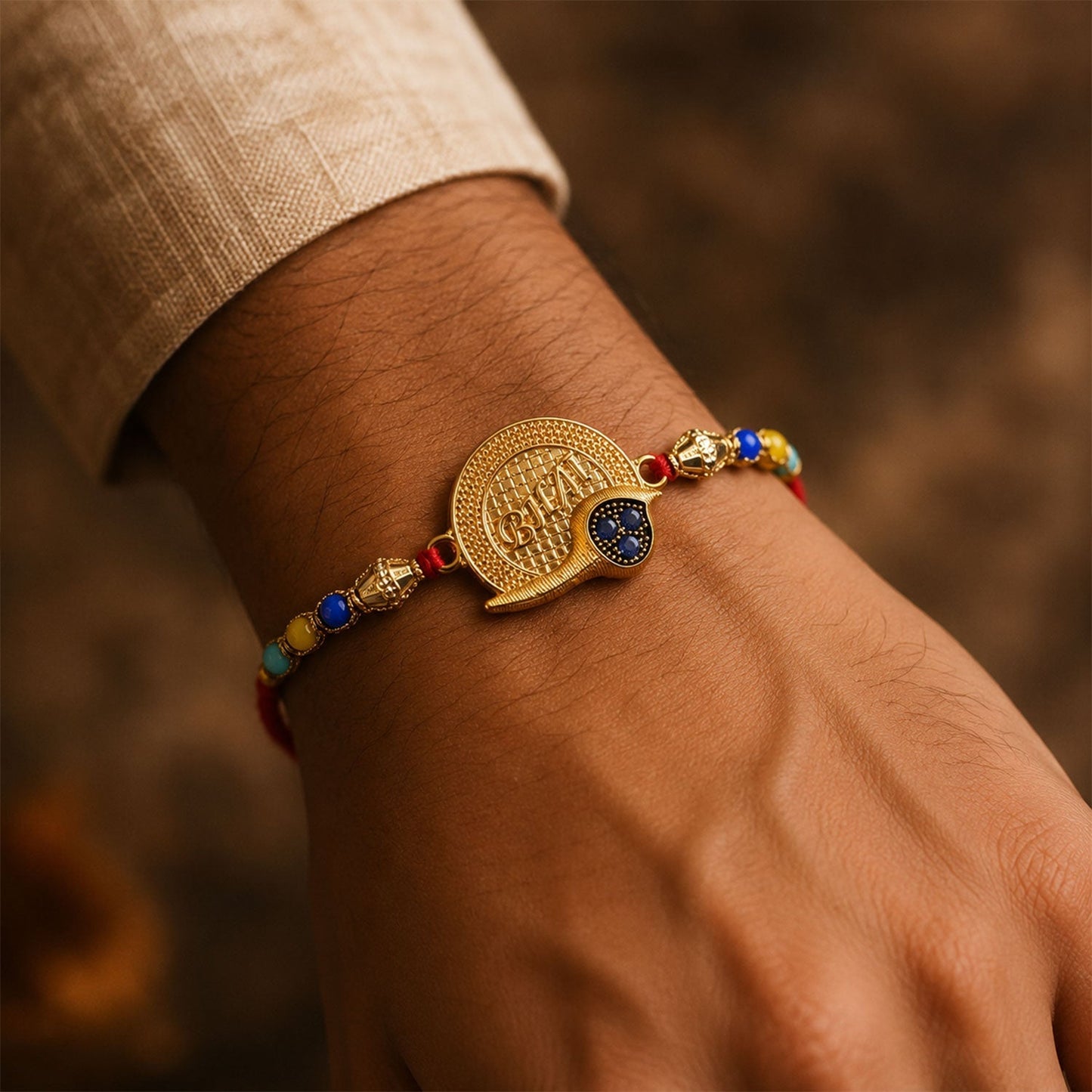 Top-down view of the elegant Rakhi for Brother, ready for Raksha Bandhan.