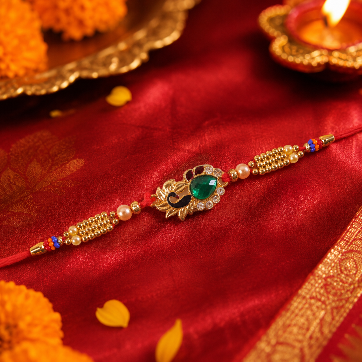 Close-up of a stylish floral rakhi with vibrant green stones