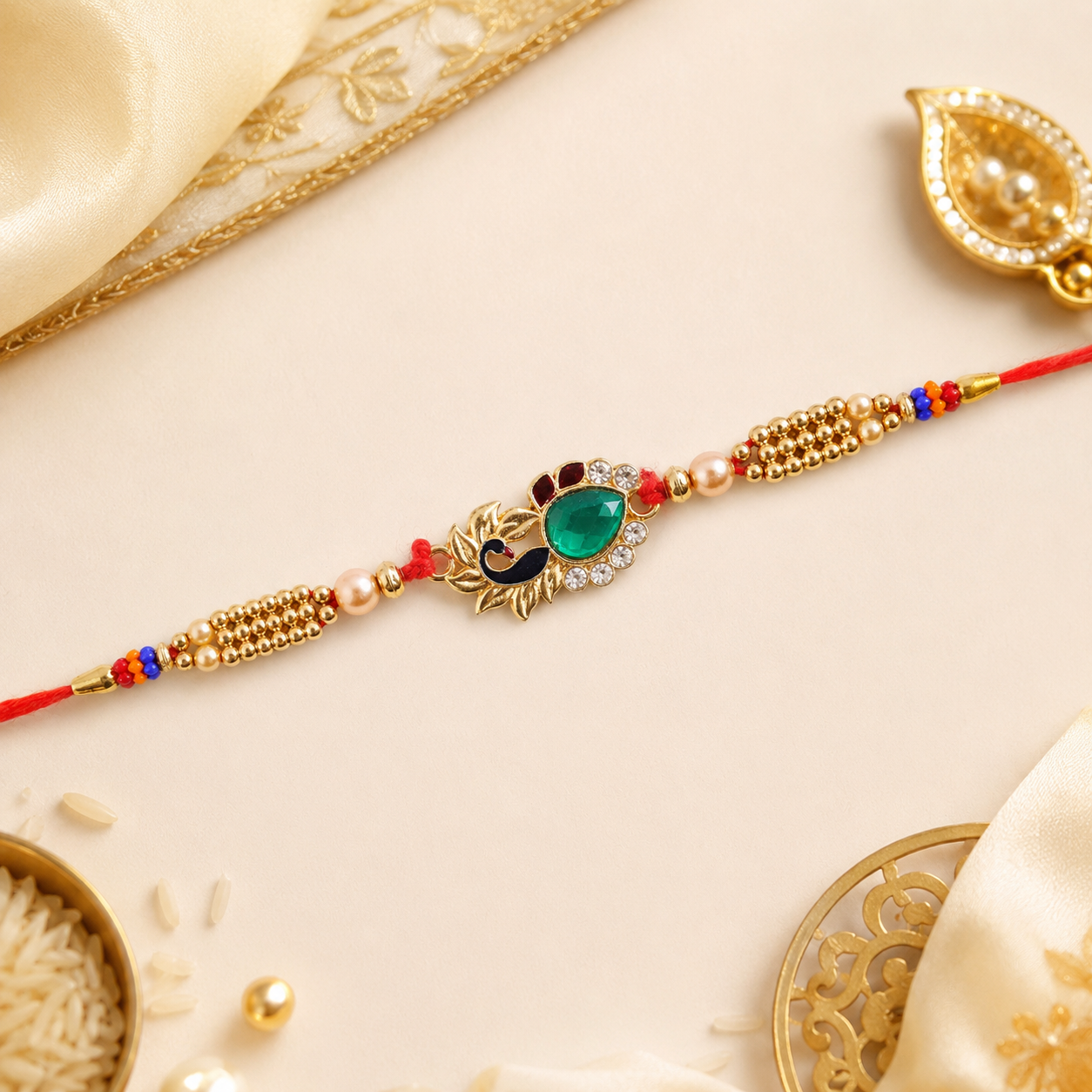 Close-up of a floral rakhi with golden lotus and green stones detail