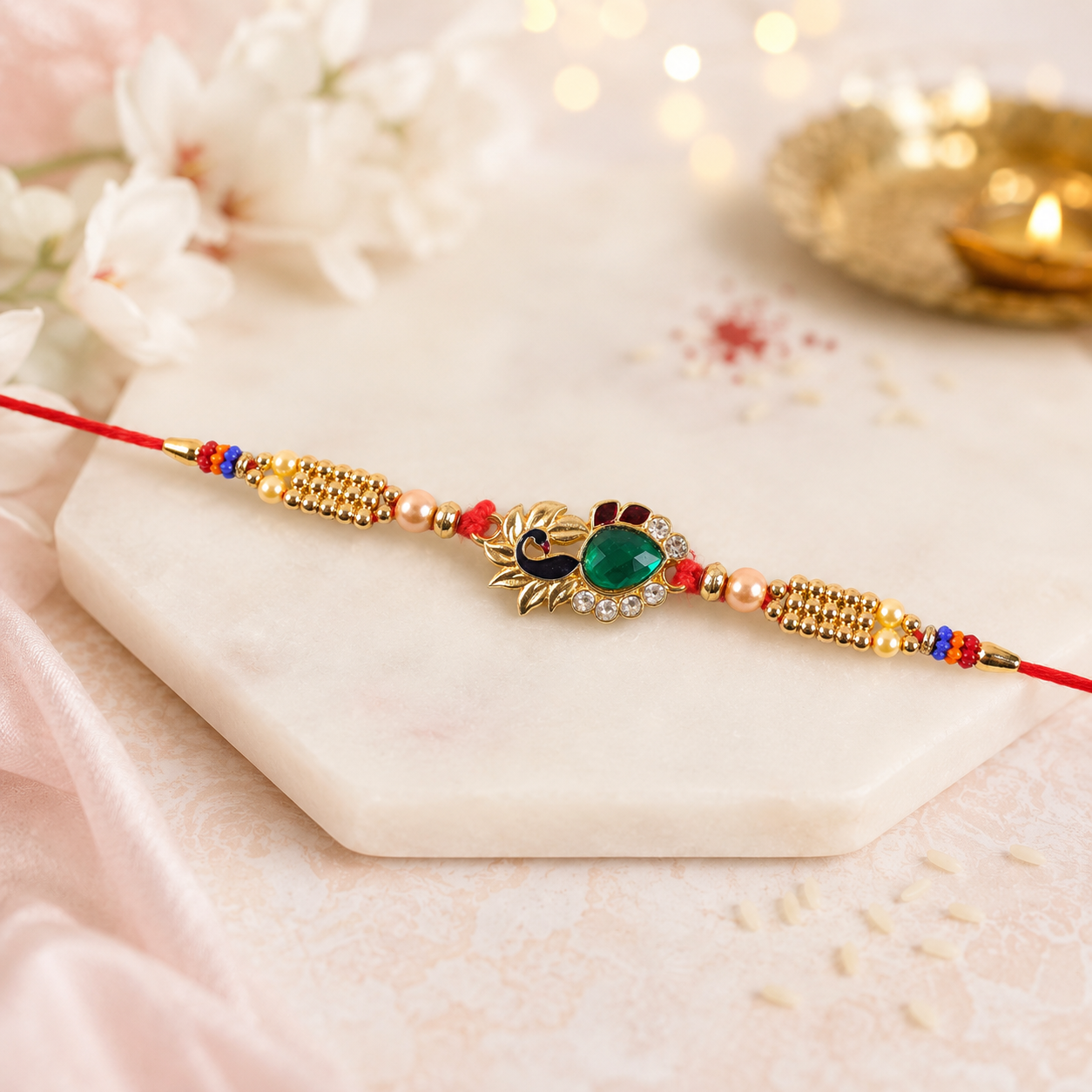 Traditional floral design with decorative stones for Rakshabandhan