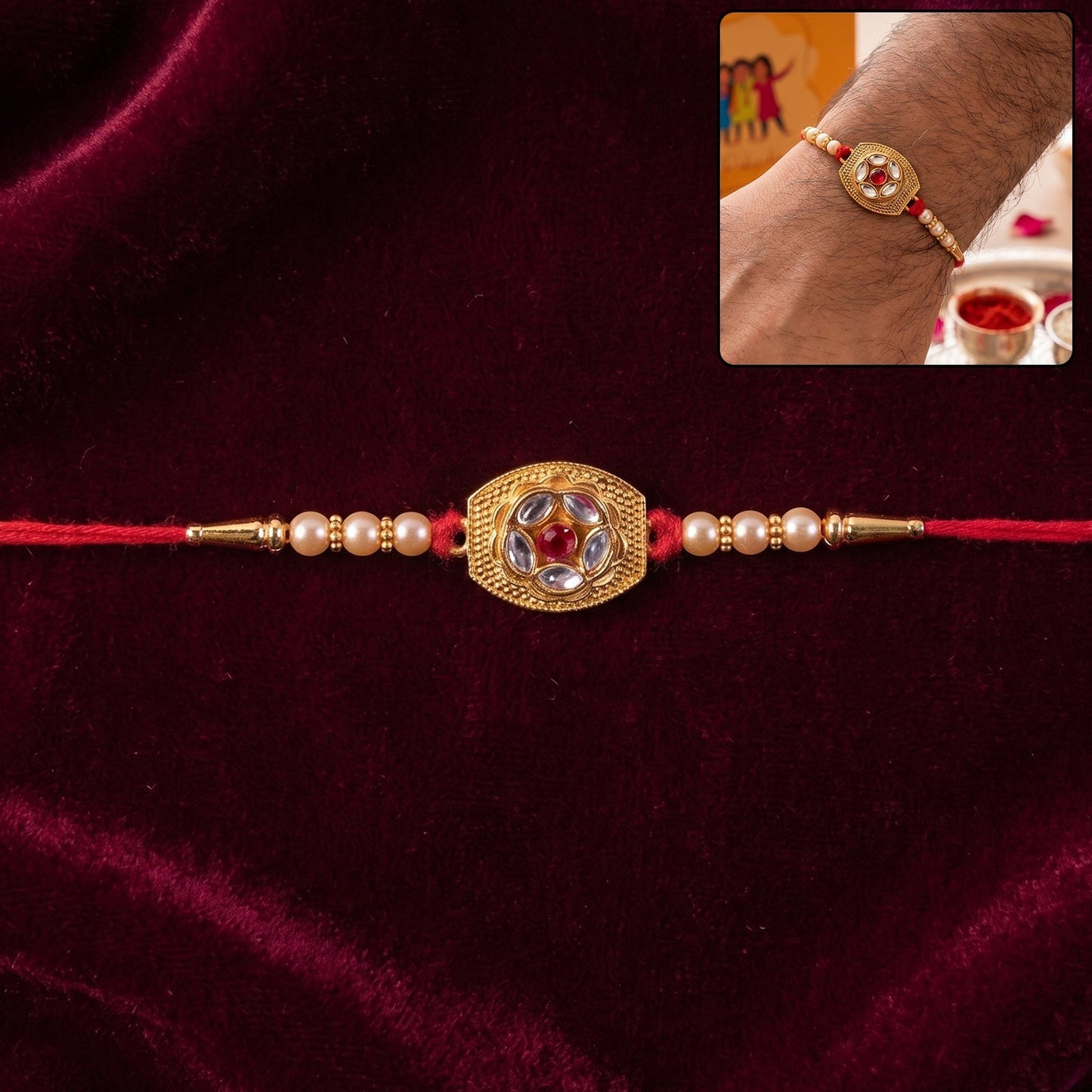 Elegant gold-plated floral AD stone Rakhi for brother, perfect for Rakshabandhan.