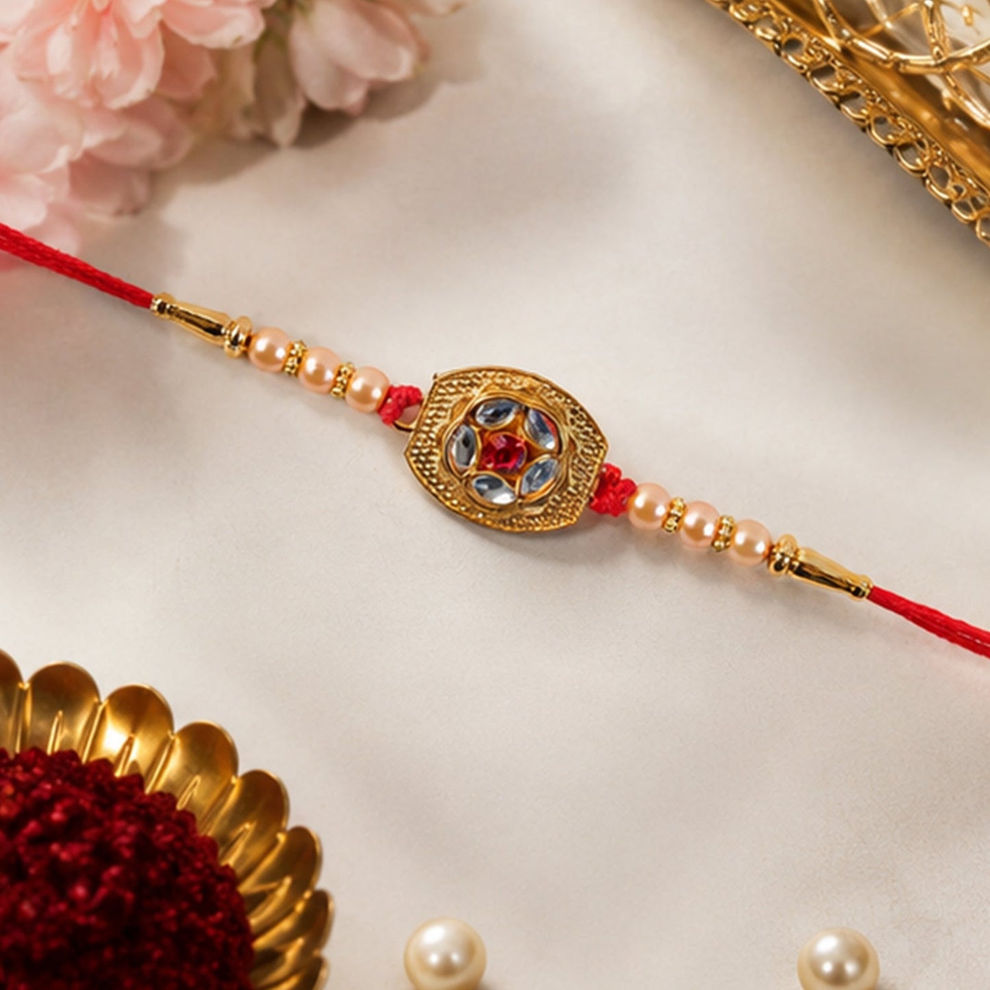 Side view of the elegant gold-plated Designer Rakhi.