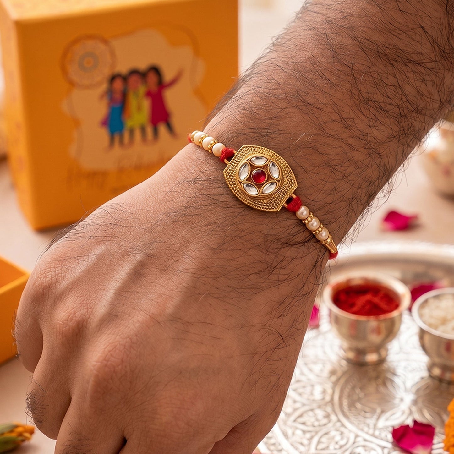 Gold plated Designer Rakhi showcasing festive appeal for brothers.