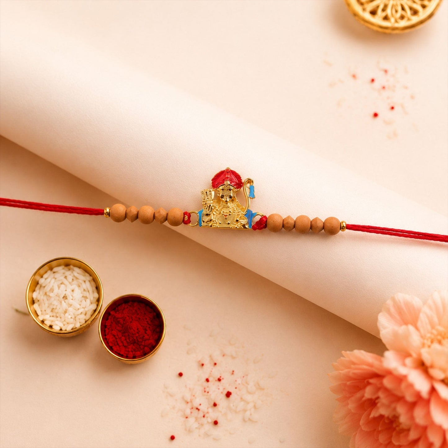 Elegant golden deity Rakhi for Brother showcasing craftsmanship.